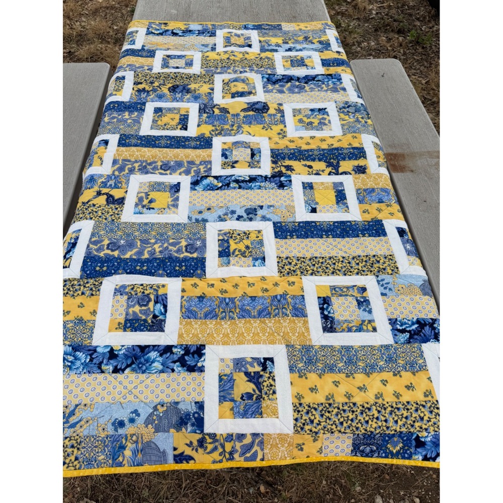 Handmade Patchwork Quilt Blue Yellow Floral Geometric Block Print 42x56